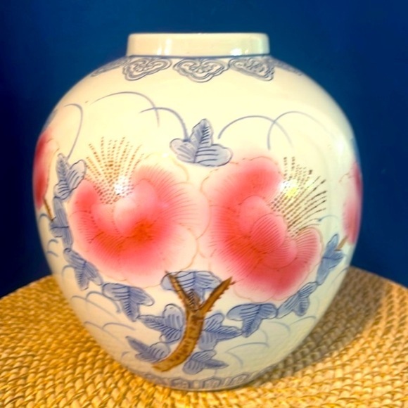 Vintage Oriental Style Hand Painted Pink Blossom Chinoiserie Porcelain Vase 10” - Picture 1 of 6